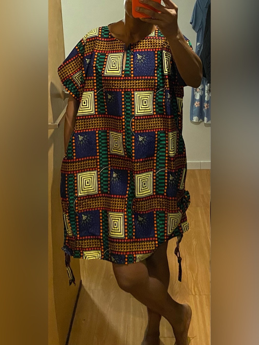 Bold African Vibrant Geometric Print Shift Ankara Dress - Navy, Yellow, Green